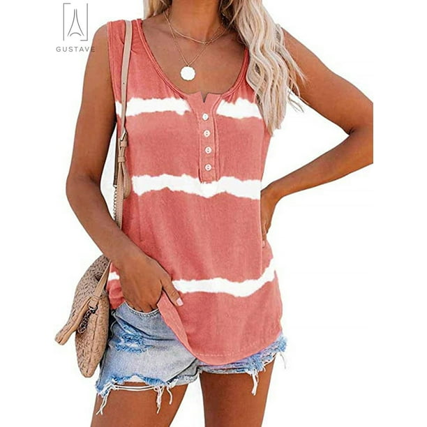 Womens Tie-dye Sleeveless Tank Tops Summer Loose T Shirts Tops Blouse Plus Size